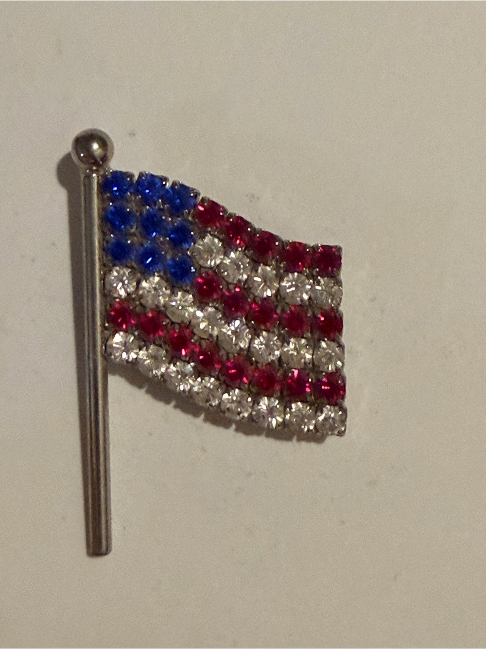 Patriotic Rhinestone Flag Brooch - Red, White & Blue